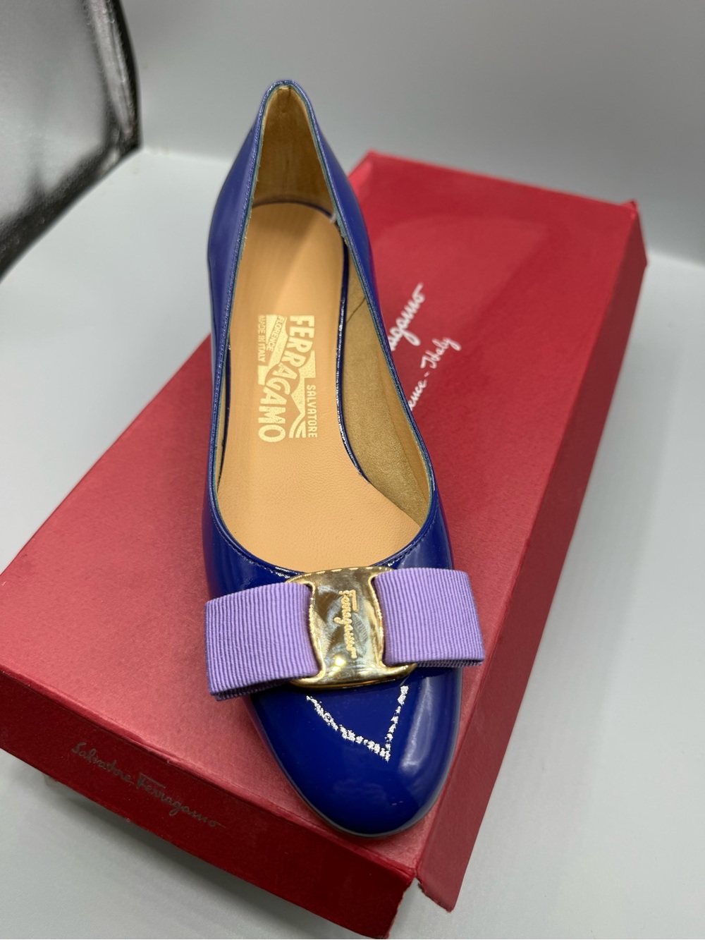 Salvatore Ferragamo Cobalt Patent Leather Flat with Lavender Grosgrain Bow